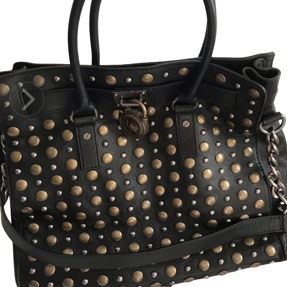Micheal Kors large black studded leather bag silver & gold with cross body strap - Picture 1 of 15